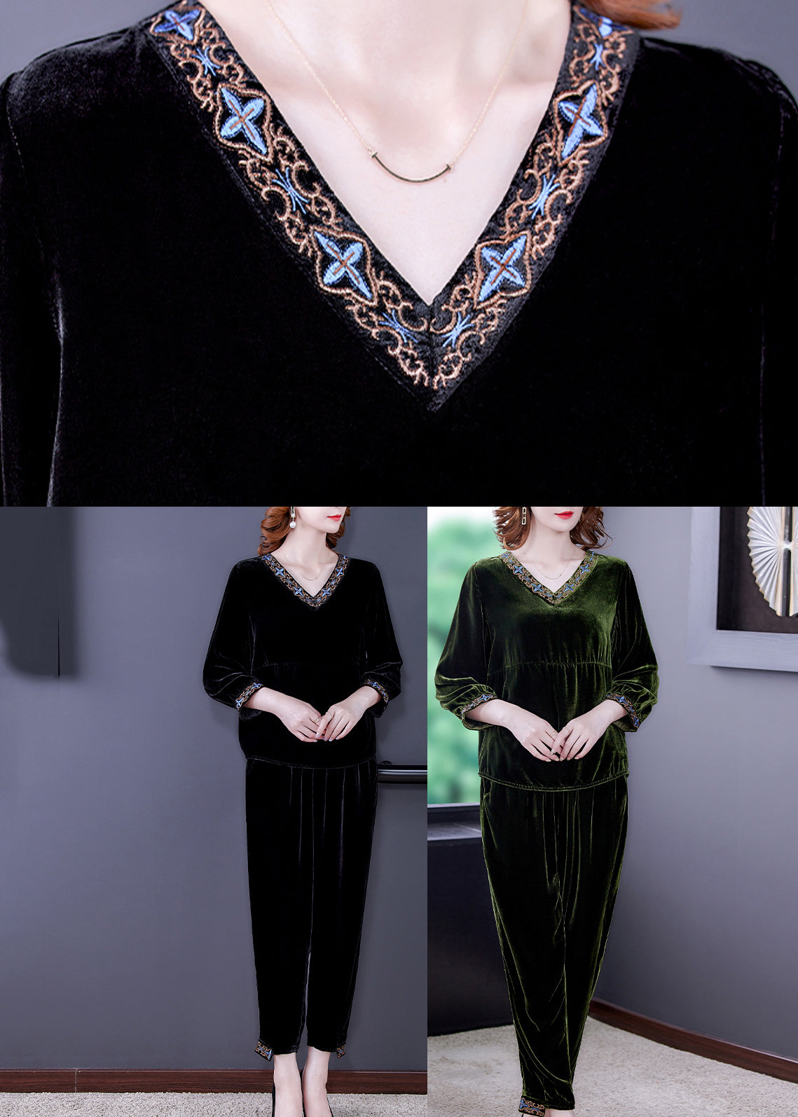 Black Print Silk Velour Top and Beam Pants Two Pieces Set Long Sleeve