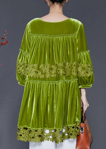 Handmade Grass Green Oversized Patchwork Silk Velour Dresses Spring