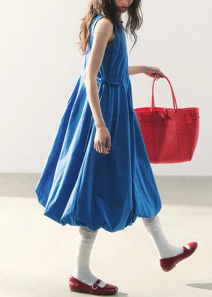Original Blue O-neck Tie Waist Cotton Long Dress Sleeveless