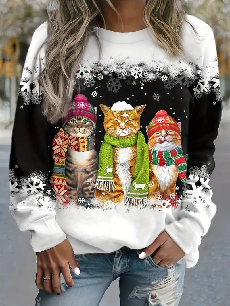 Christmas Sweater with Cat Print for Women