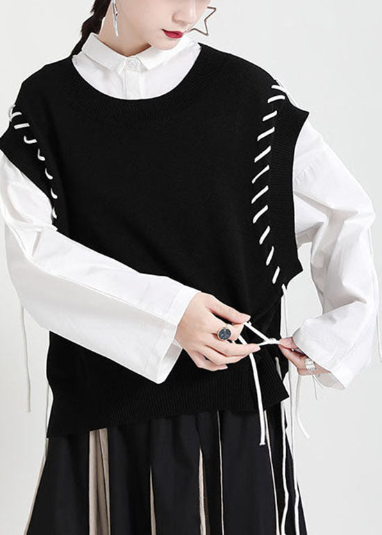 Black Knit Vest O-neck Drawstring Asymmetrical Spring