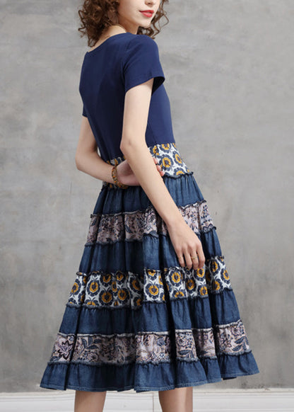 Blue O-neck Cinched Patchwork Cotton Pleated Dresses Short Sleeve