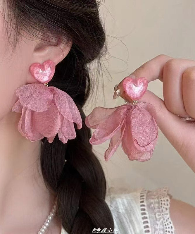 Pink Copper Overgild Acrylic Cloth Flora Stud Earrings