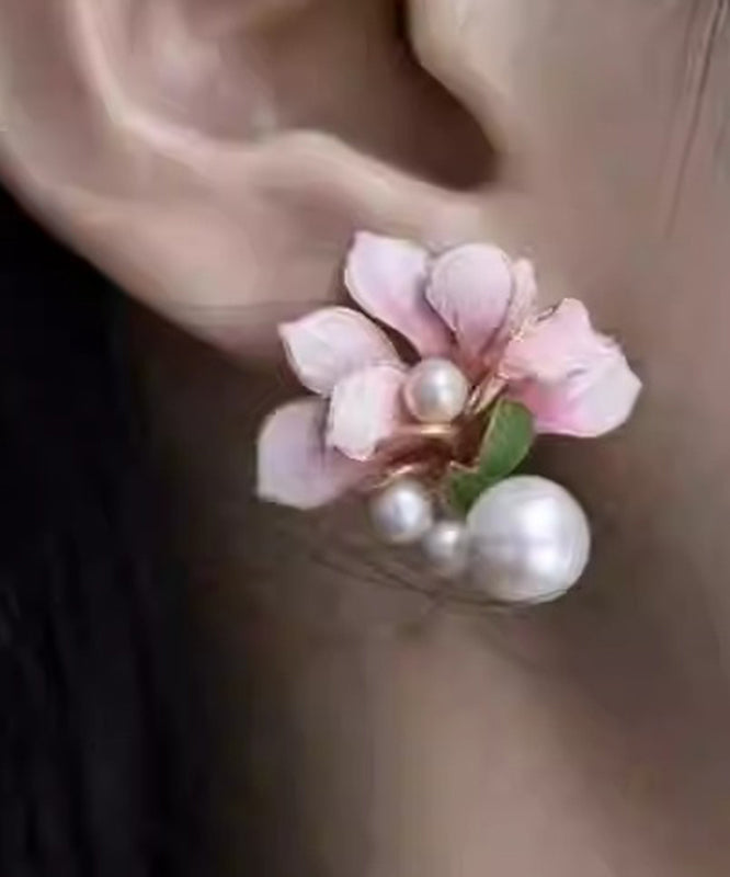 Chinese Styl Pink Sterling Silver Overgild Pearl Stud Earrings