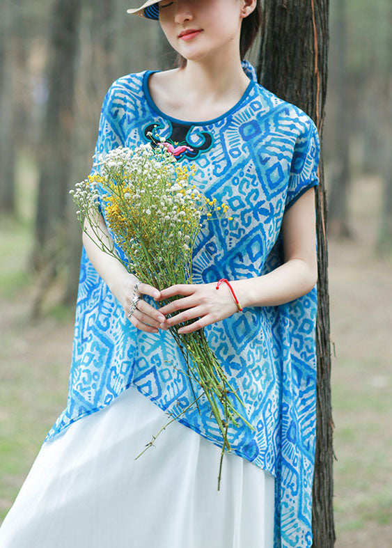 Blue Asymmetrical Design O-neck Embroideried Print Tops Spring