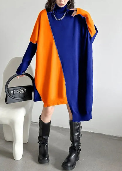 Loose Blue Turtleneck Cozy Patchwork Knit Dress Batwing Sleeve