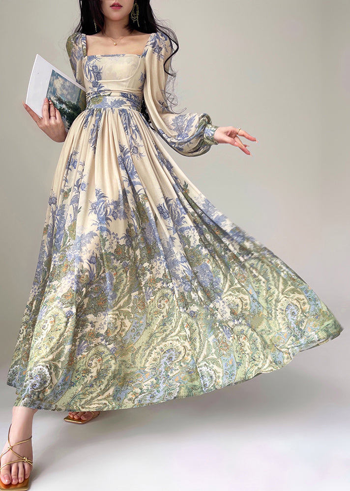 Classy Square Collar Print High Waist Tencel Chiffon Maxi Dress Spring