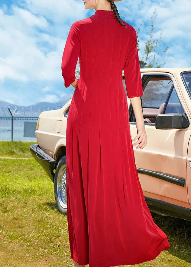 Red Stand Collar Wrinkled Chiffon Long Dresses Bracelet Sleeve