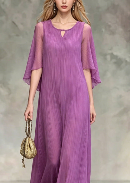 Lavender O Neck Silk Maxi Dress Summer