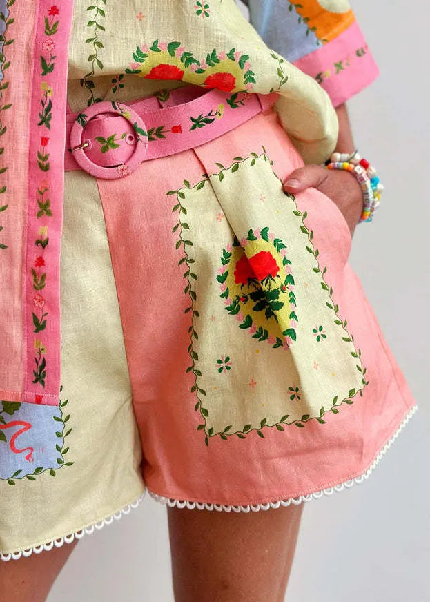 Loose Colorblock Print Blouses and Shorts Linen Two Pieces Set Summer