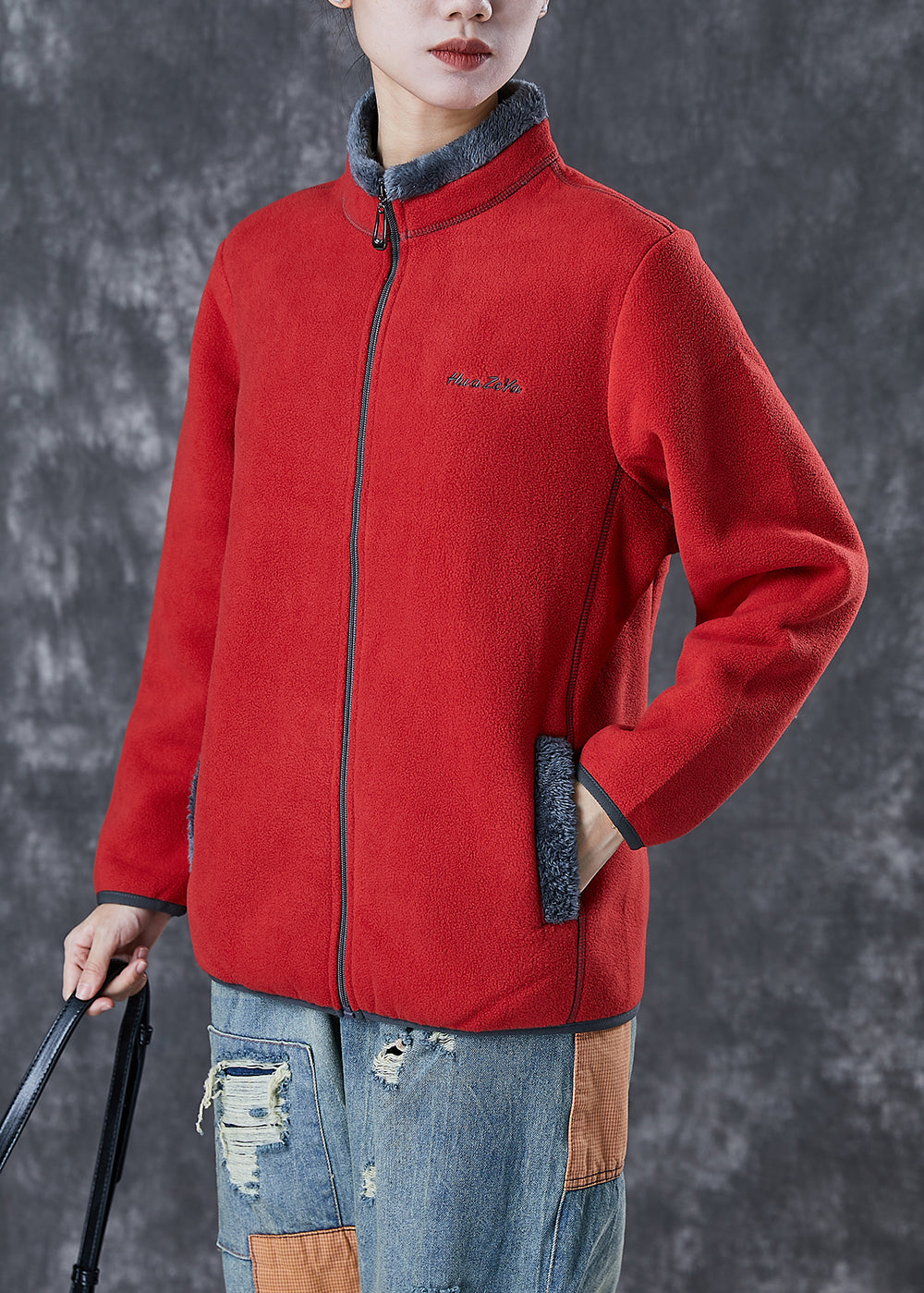 Simple Red Embroideried Warm Fleece Coat Winter