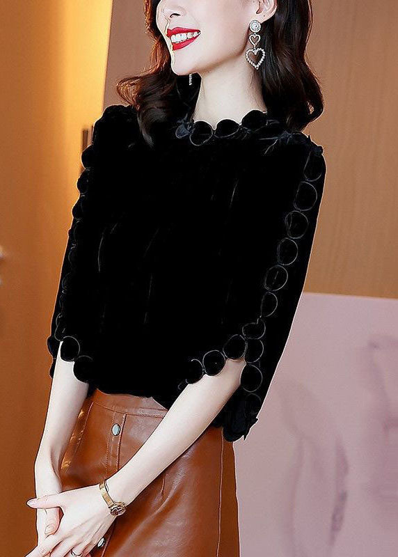 Black O-neck Color Original Design Velour Shirt Top Flare Sleeve