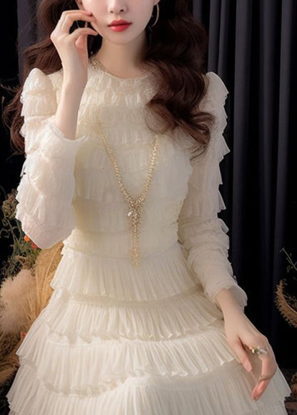 Italian White High Waist Chiffon Dresses Long Sleeve