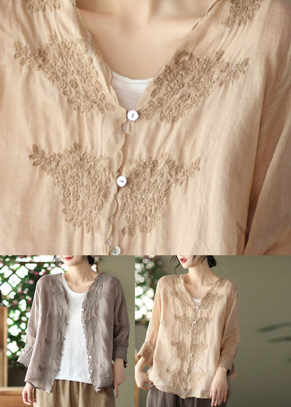 Khaki V Neck Embroideried Linen Shirt Long Sleeve