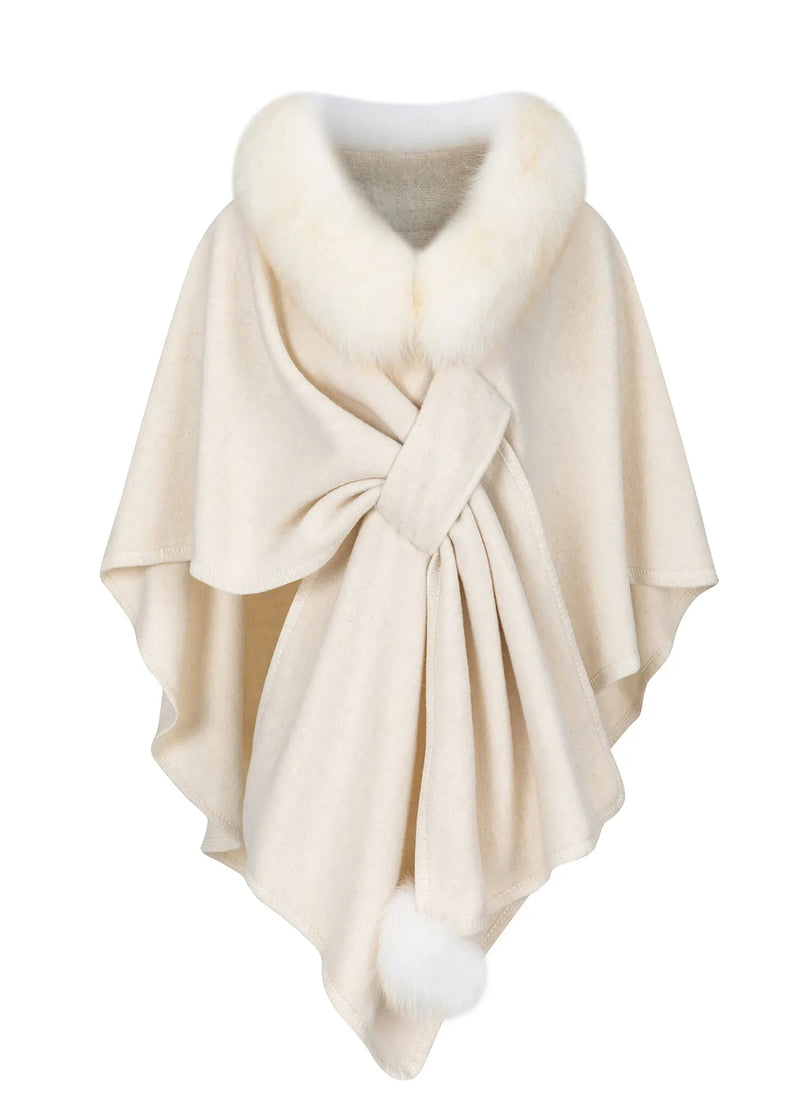 New Brown Fox Fur Grass Shawl Woolen Coat Cloak Bat Sleeve