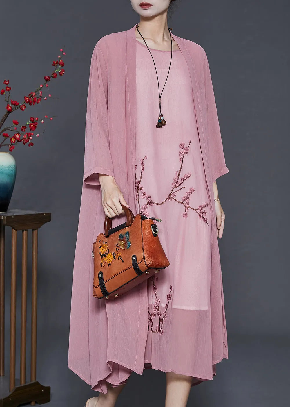 Brick Pink Plum Blossom Embroidered Chiffon 2 Piece Outfit Summer