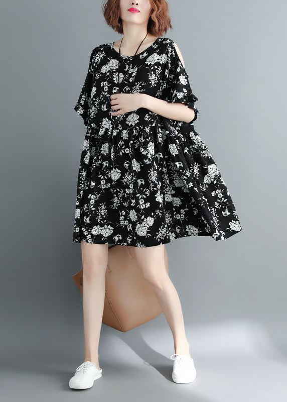 Black Print Cold Shoulder Cinched Holiday Dress Short Sleeve