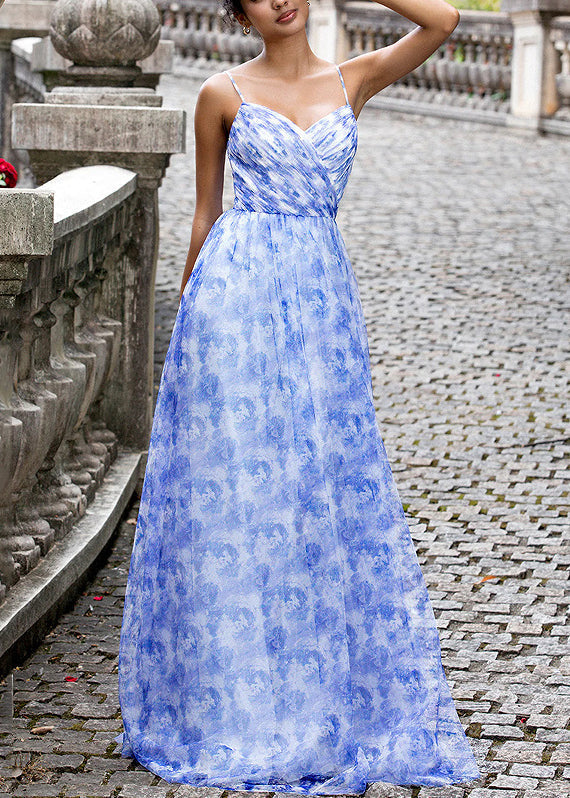 Blue Print Lace Up Chiffon Spaghetti Strap Dress Sleeveless