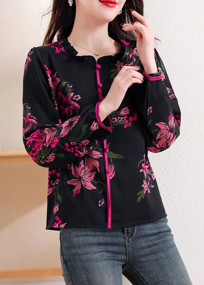Black Ruffled Print Chiffon Top Long Sleeve
