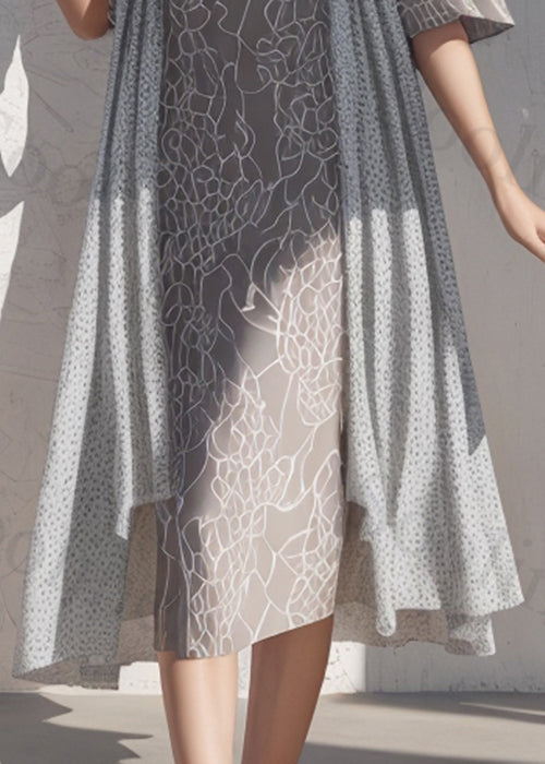 French Grey O Neck Print Patchwork Silk Dress Short Sleeve