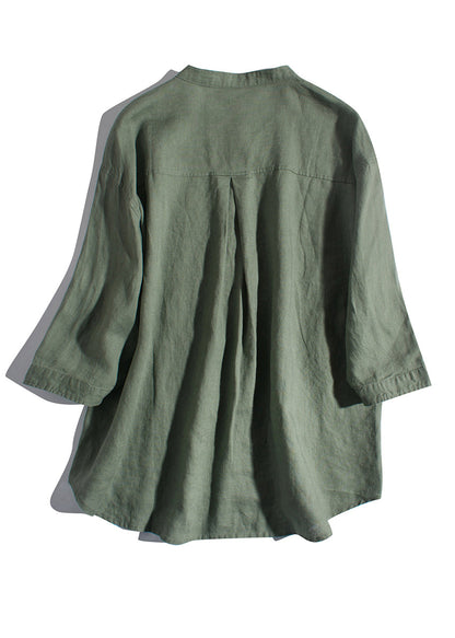 New Green Button Pockets Linen Shirts Summer
