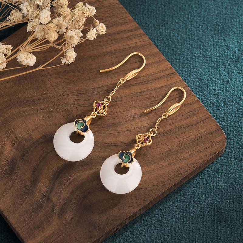 Fengshui White Jade Blessing Drop Earrings