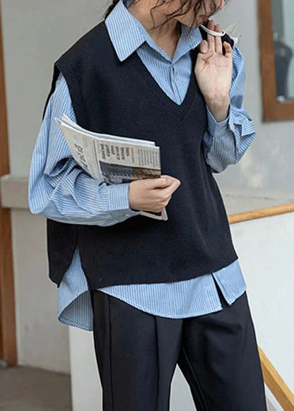 Loose Black Waistcoat and Blue Blouses Patchwork Two Pieces Set Fall
