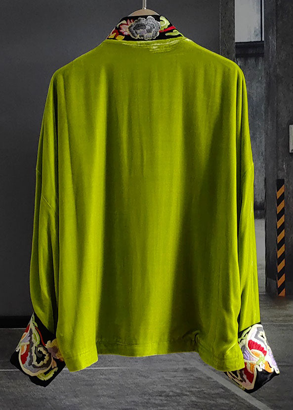 Green Stand Collar Embroideried Button Silk Velour Outwear Spring