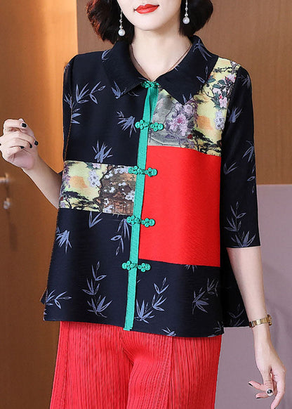 Art Black Peter Pan Collar Print Button Shirt Half Sleeve