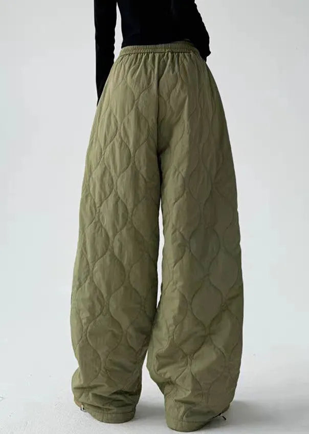 Army Green Pockets Elastic Waist Cotton Filled Pants Winter