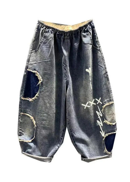 Diy Blue Pockets Patch Elastic Waist Denim Pants Summer