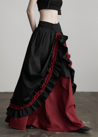 Black Ruffled Patchwork Exra Large Hem Cotton Skirts Fall
