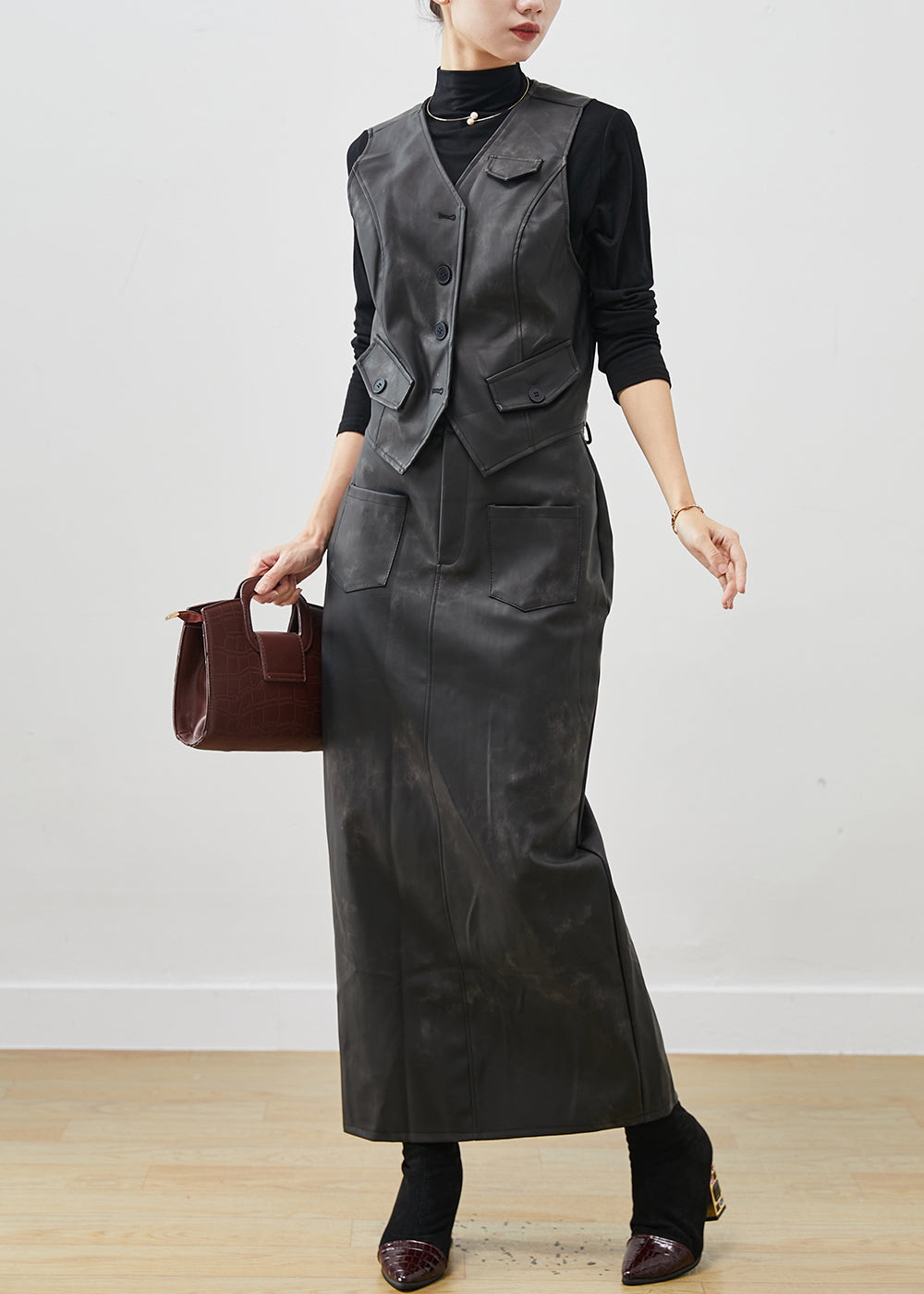 Black Silm Fit Faux Leather Two Piece Set Clothing Pockets Winter