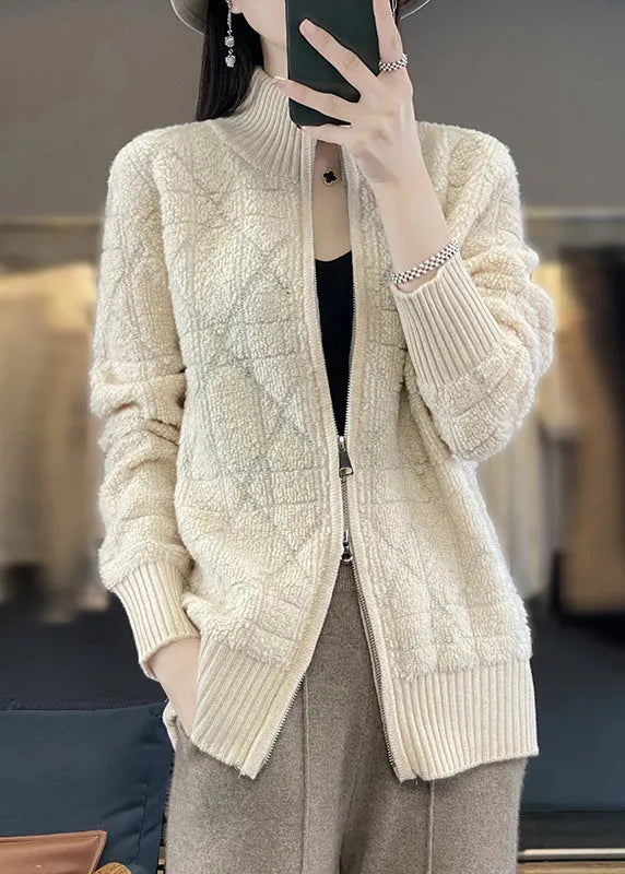 Beige Cozy Patchwork Wool Coats Stand Collar Long Sleeve