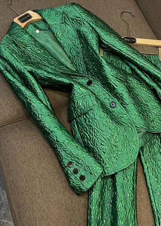 Boutique Green Coat and Pants Cotton Two Piece Set Outfits Fall