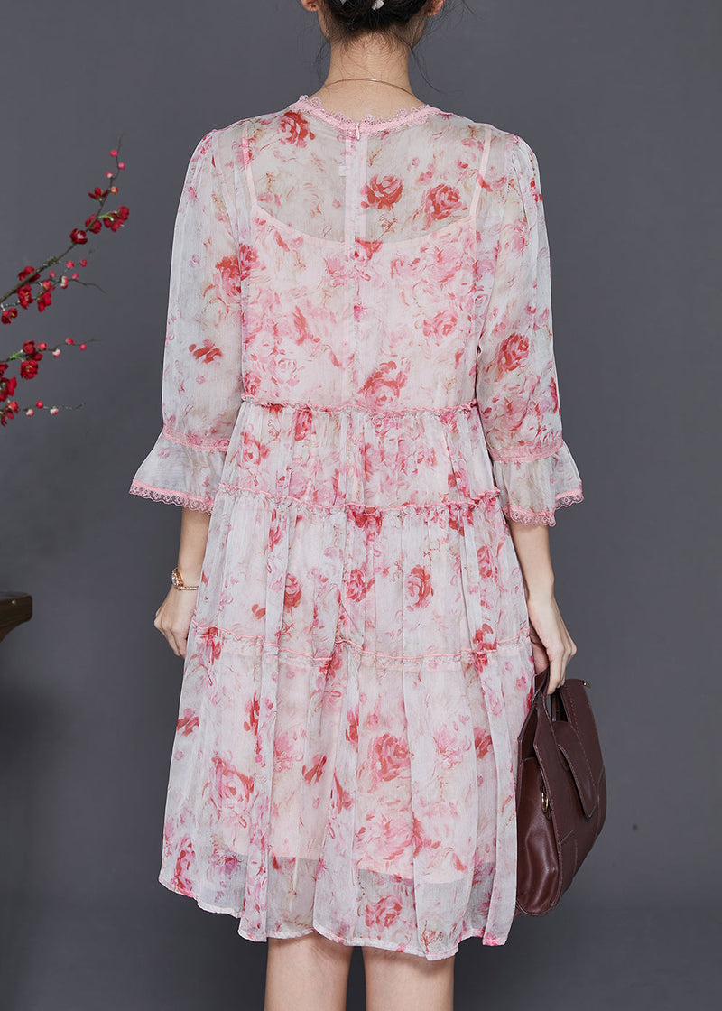Fine Pink Ruffled Tie Dye Chiffon Mid Dress Summer