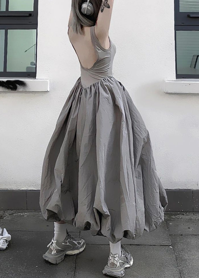 New Grey Backless Patchwork Cotton Long Dresses Sleeveless Summer