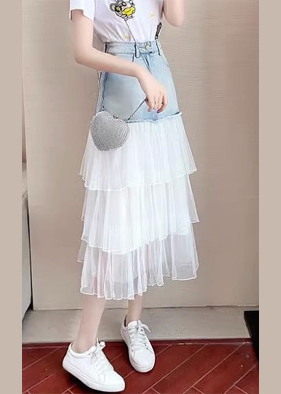 Blue High Waist Tulle Patchwork Denim a Line Skirt