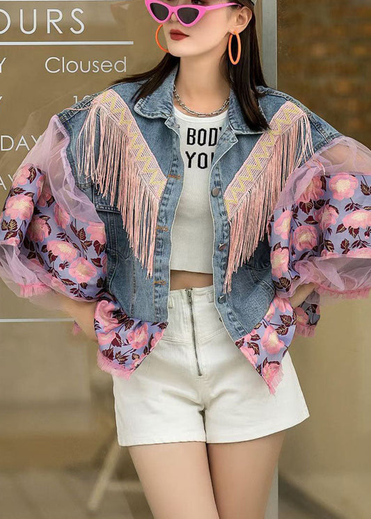 Blue Lantern Sleeve Patchwork Button Fall Denim Jackets
