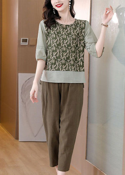 Green Embroidered Patchwork Linen Two Pieces Set Spring