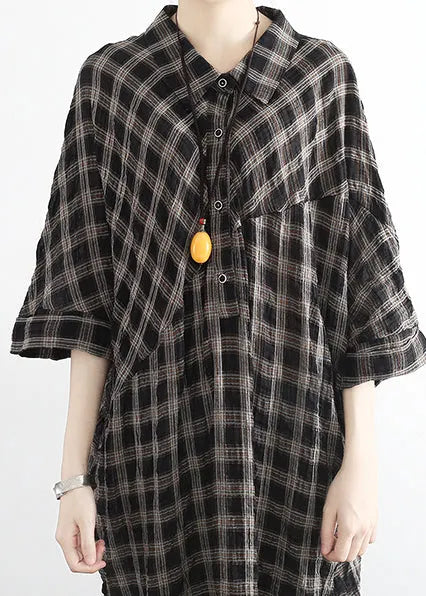 Black Plaid Linen Cotton Tunics Outfits Polo Collor Clothing Summer Dress