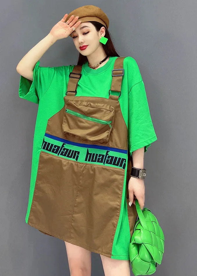 Green O-neck Patchwork Cotton Fake Two Piece Strap Dress Short Sleeve
