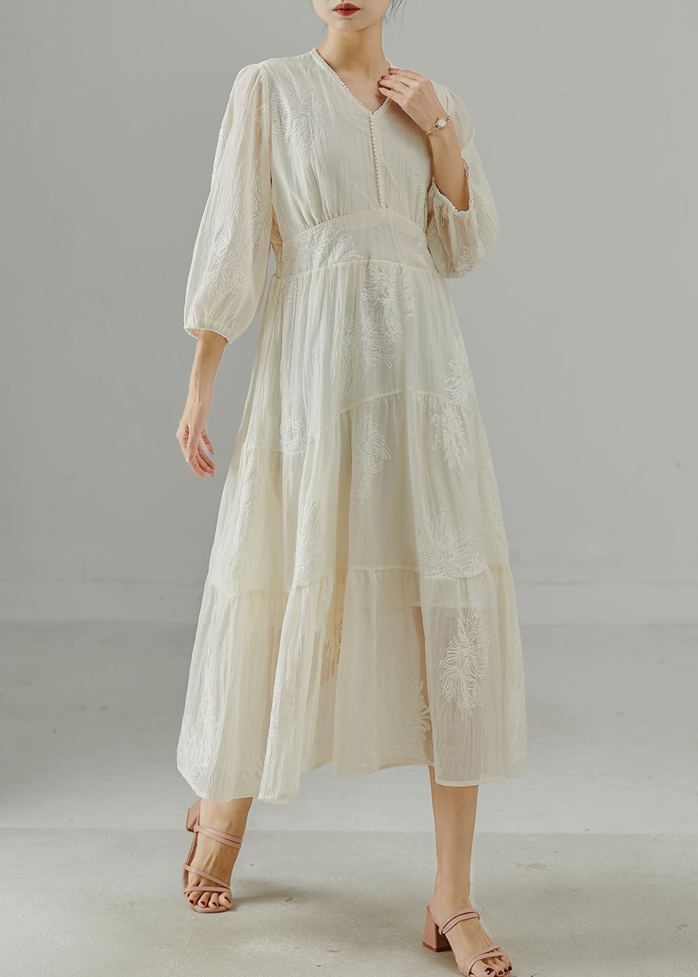 White Embroidered Exra Large Hem Cotton Dress Summer