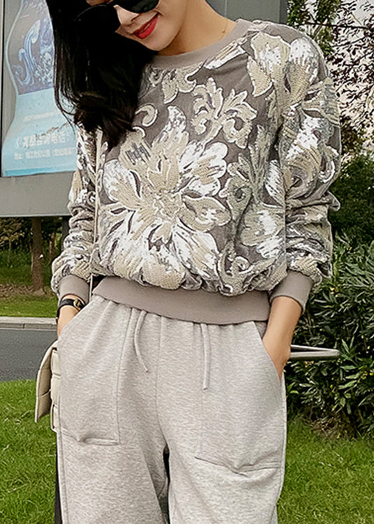 Grey O-neck Embroideried Velour Sweatshirt Long Sleeve