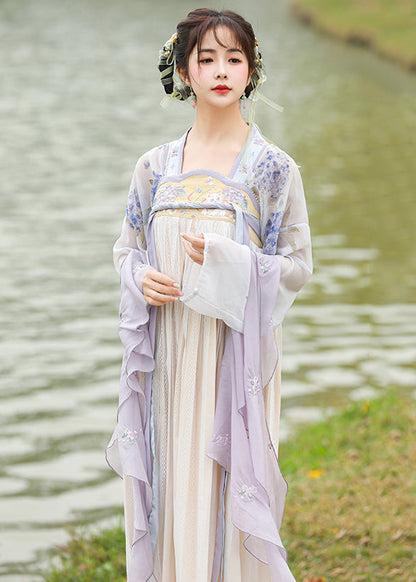 Purple Square Collar Embroideried Wrinkled Chiffon Two Piece Set Long Sleeve