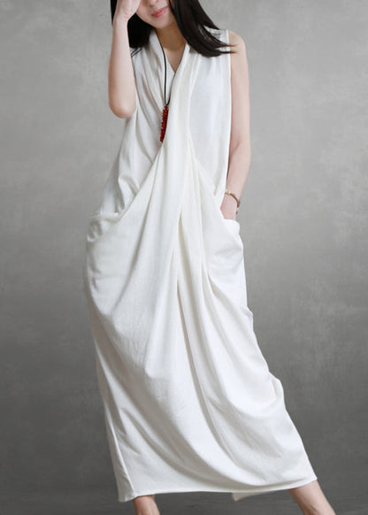 White V Neck Pockets Cotton Maxi Dresses Sleeveless