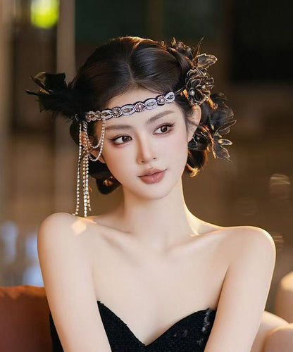Black Alloy Zircon Feather Tassel Hairpiece