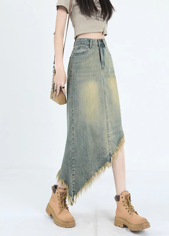 Blue Asymmetrical Tasseled Denim Skirt Summer