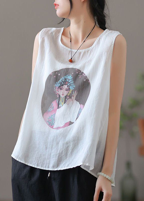 Loose Apricot O-neck Print Linen Tank Sleeveless