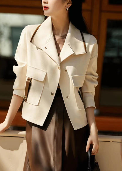 White Peter Pan Collar Patchwork Pockets Cotton Coats Fall